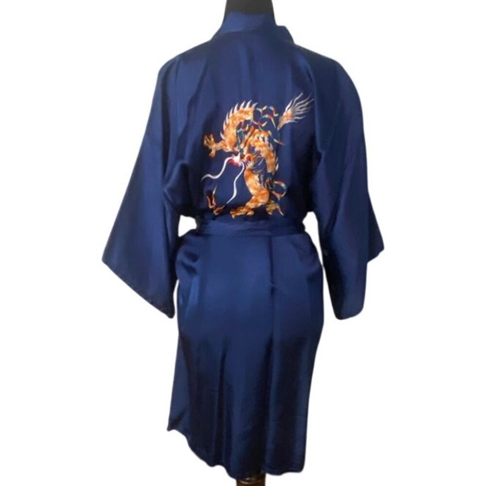 Vintage Blue Satin Dragon Embroidered Kimono Robe Med Hong Kong 100% Rayon